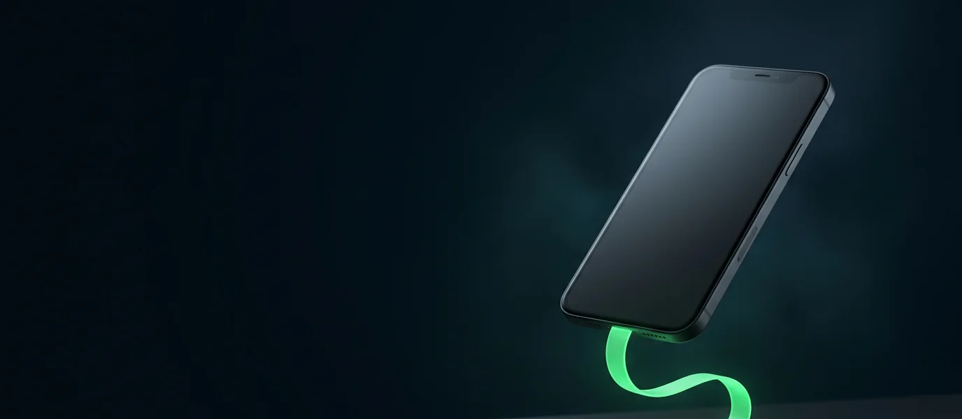 Abstract illustration of a dark glass smartphone with a ribbon of green light flowing from it toward the mobile bill.