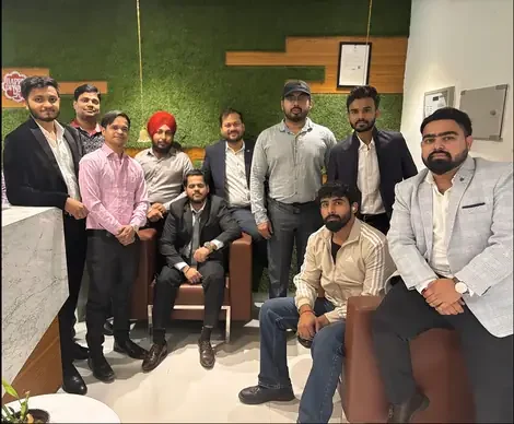Team members gathered in the office reception