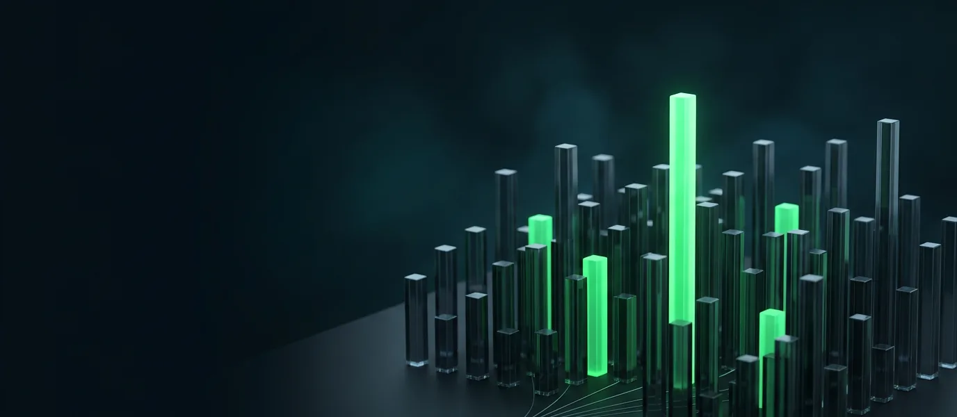Abstract illustration of many dark glass bars rising like bids in an auction, with a few glowing green and one standing tallest.