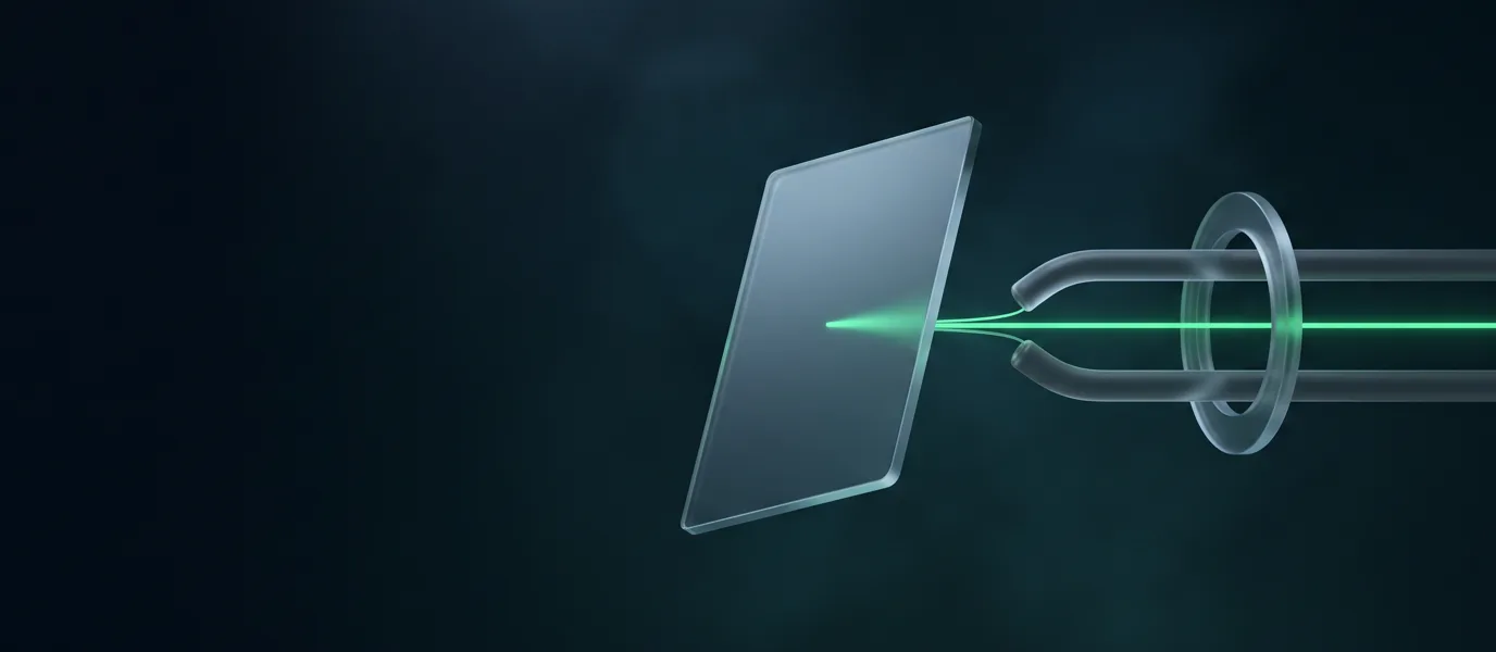 Abstract illustration of a glass card whose line of light splits into three channels, one glowing green route passing through a protective glass ring.