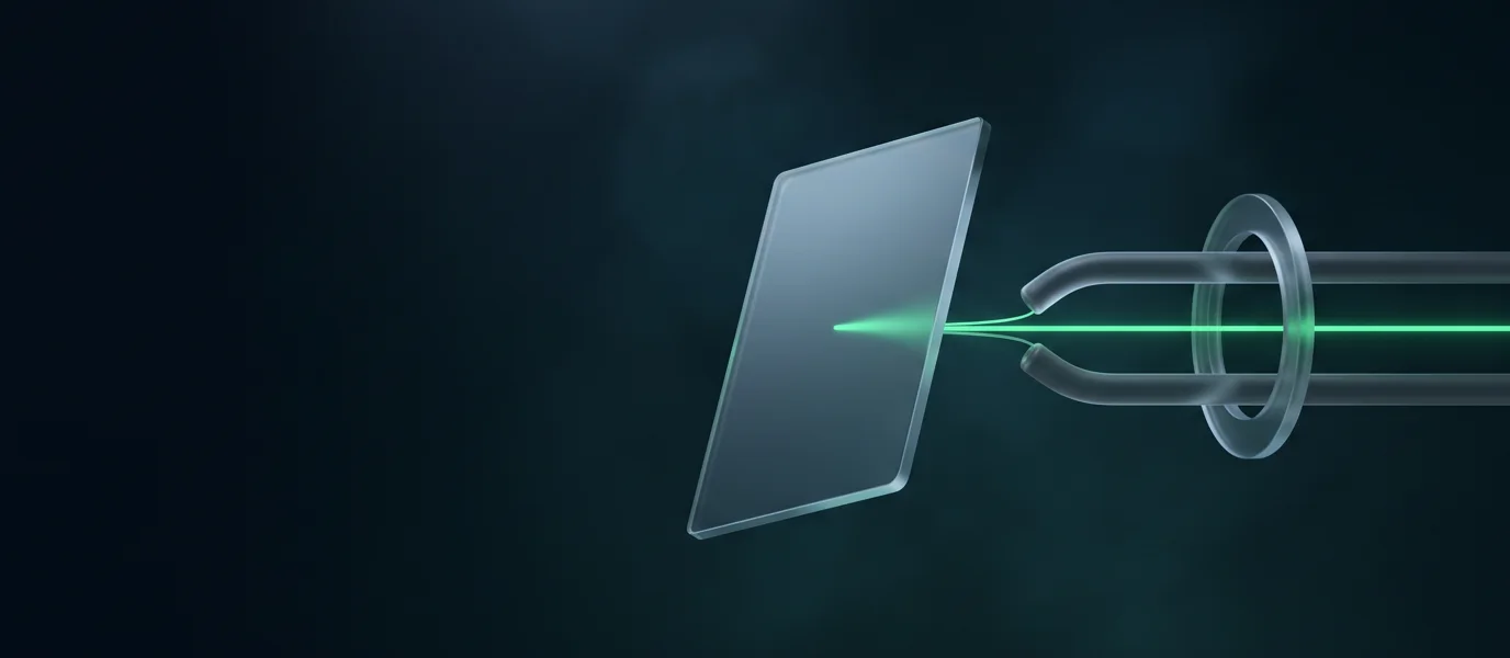Abstract illustration of a glass card whose line of light splits into three channels, one glowing green route passing through a protective glass ring.