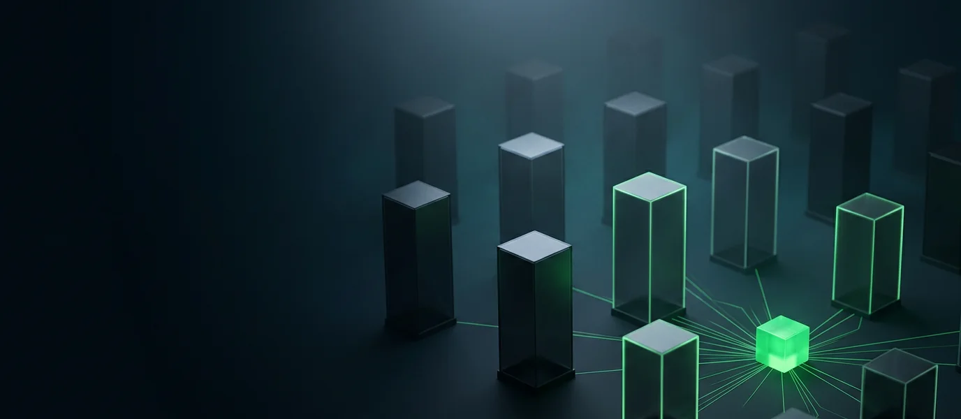 Abstract illustration of a glowing green cube sending lines of light to a grid of dark glass towers that light up one by one.