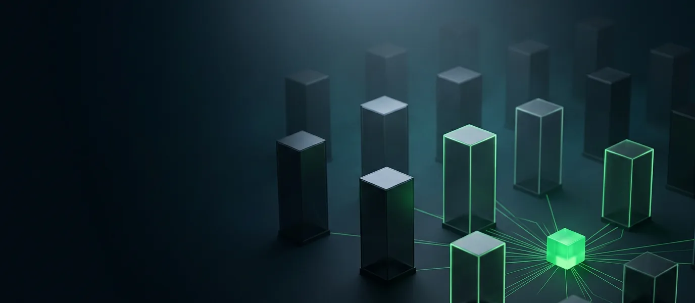 Abstract illustration of a glowing green cube sending lines of light to a grid of dark glass towers that light up one by one.